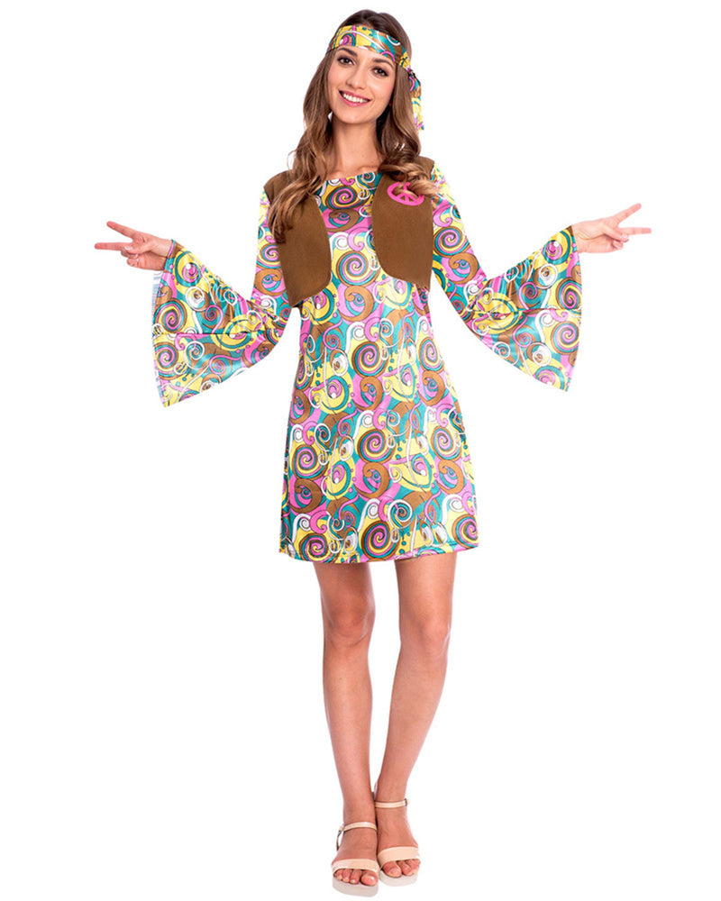 60er Jahre Hippie Kostüm "Psychedelic" für Damen - Rosa Braun | Kleid und Stirnband