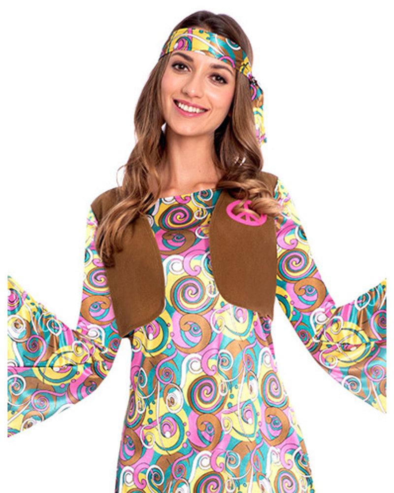60er Jahre Hippie Kostüm "Psychedelic" für Damen - Rosa Braun | Kleid und Stirnband