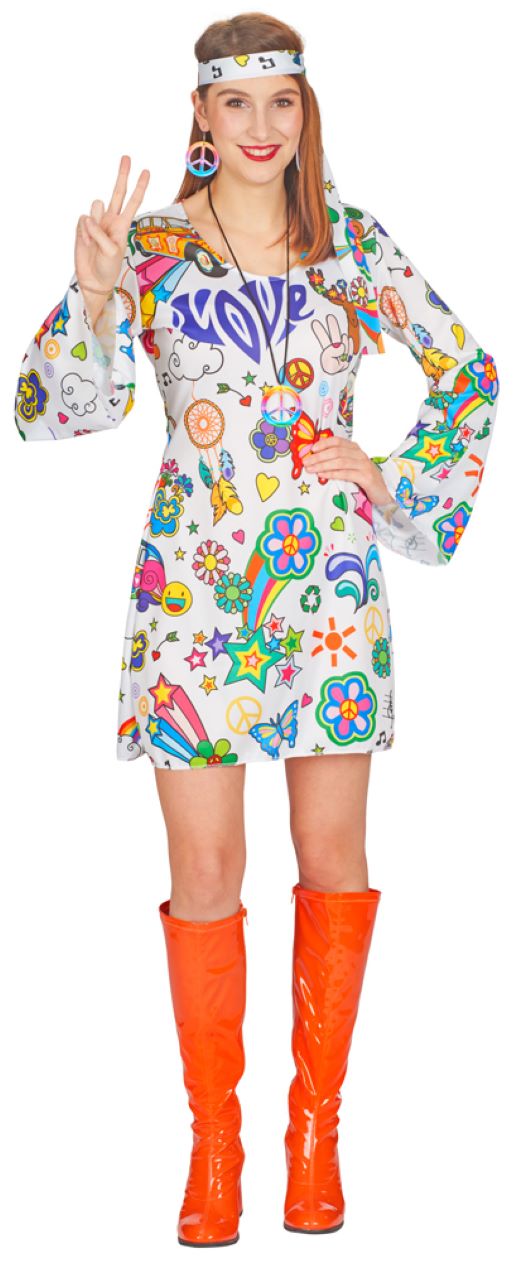 Hippie Flower Power Damen Kostüm "Hope" | Weiß Bunt