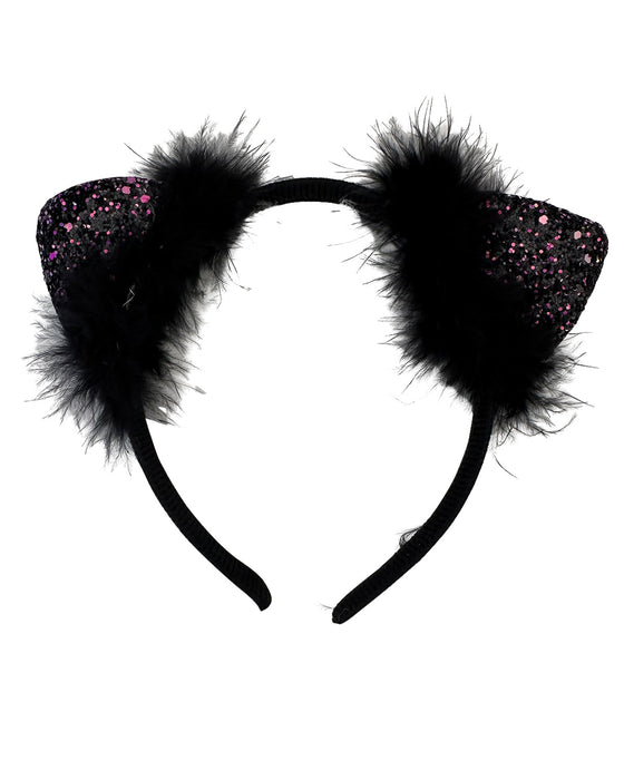 Katzenohren Haarreif mit Federn und Glitter | Schwarz 5er Set