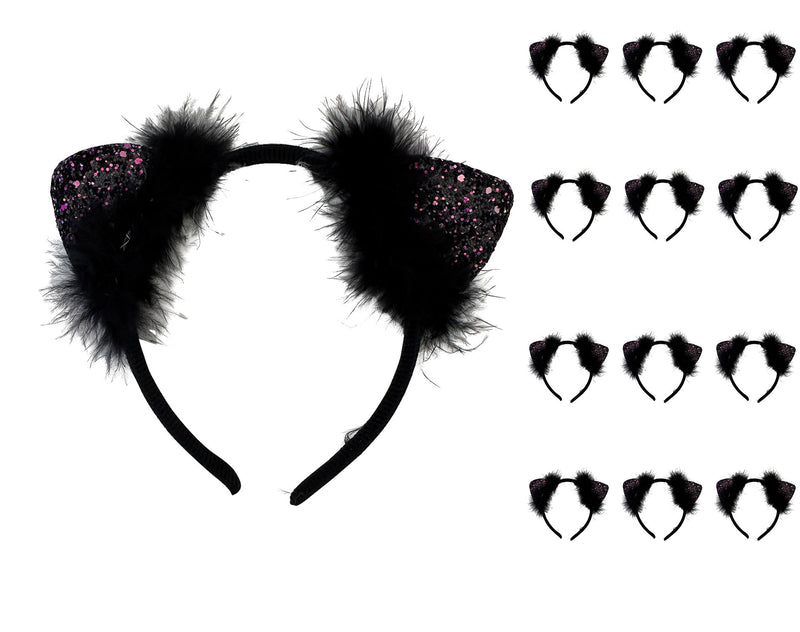 Katzenohren Haarreif mit Federn und Glitter | Schwarz 12er Set