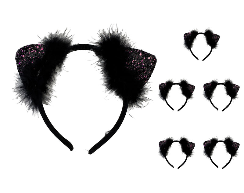 Katzenohren Haarreif mit Federn und Glitter | Schwarz 5er Set