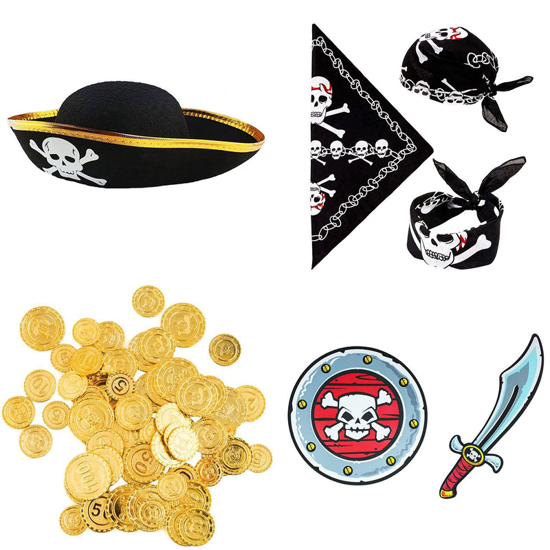 Kinder Piraten Set | Hut, Bandana, Schwert mit Schild & 50 Münzen | Piraten Kostüm Zubehör für Karneval & Rollenspiel