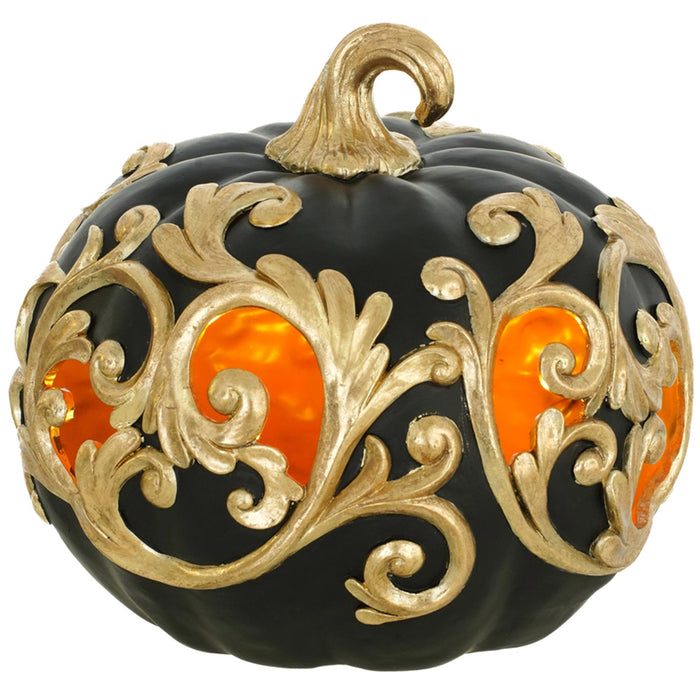 Hochwertige Kürbis Halloween Dekofigur mit LED - 23 cm | Schwarz Orange Gold
