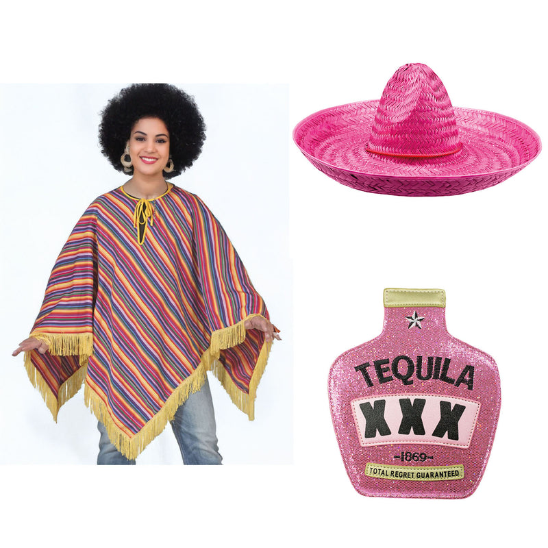 Hochwertiges Mexiko Kostüm Set für Damen | Pink | 3-teilig mit Poncho, Sombrero & Tequila Handtasche | Fiesta & Mottoparty