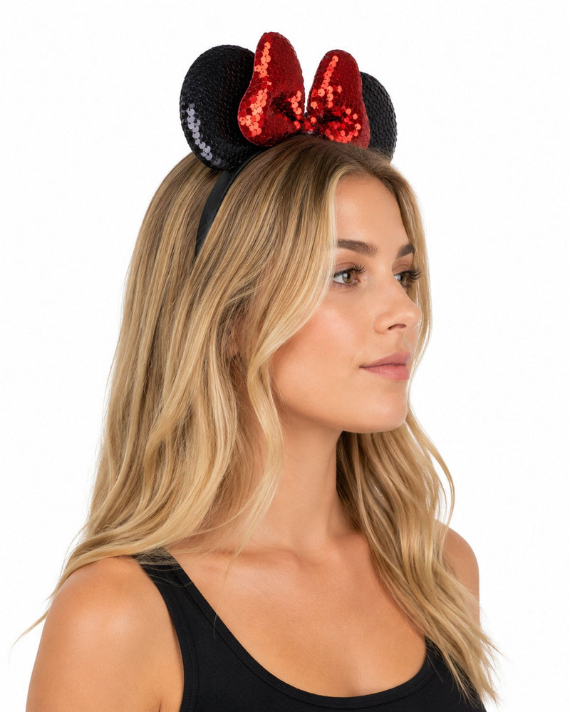 Haarreif mit Minnie Maus Ohren und Glitzer Pailletten | Schwarz Rot