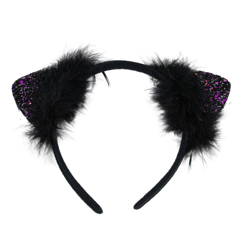 Katzenohren Haarreif mit Federn und Glitter | Schwarz