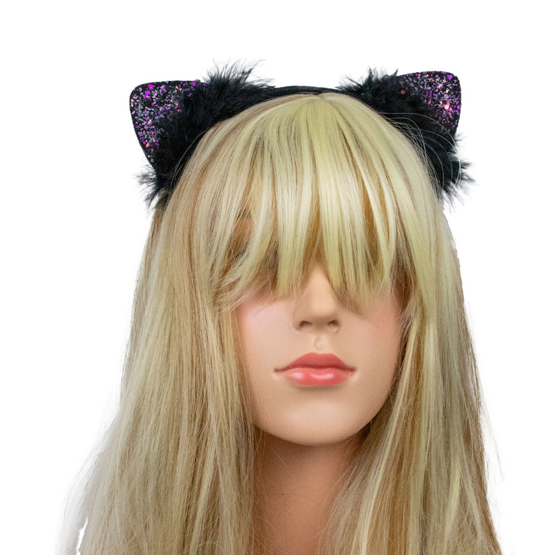 Katzenohren Haarreif mit Federn und Glitter | Schwarz