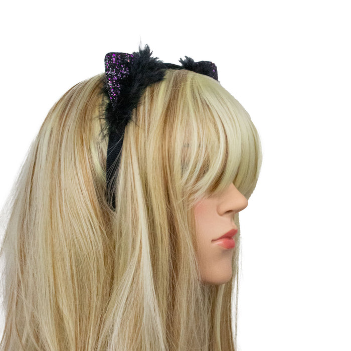 Katzenohren Haarreif mit Federn und Glitter | Schwarz
