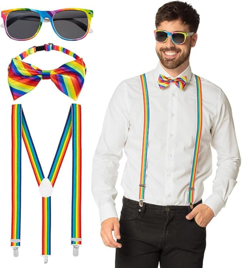 Partyset Hosenträger, Brille und Fliege | Regenbogen