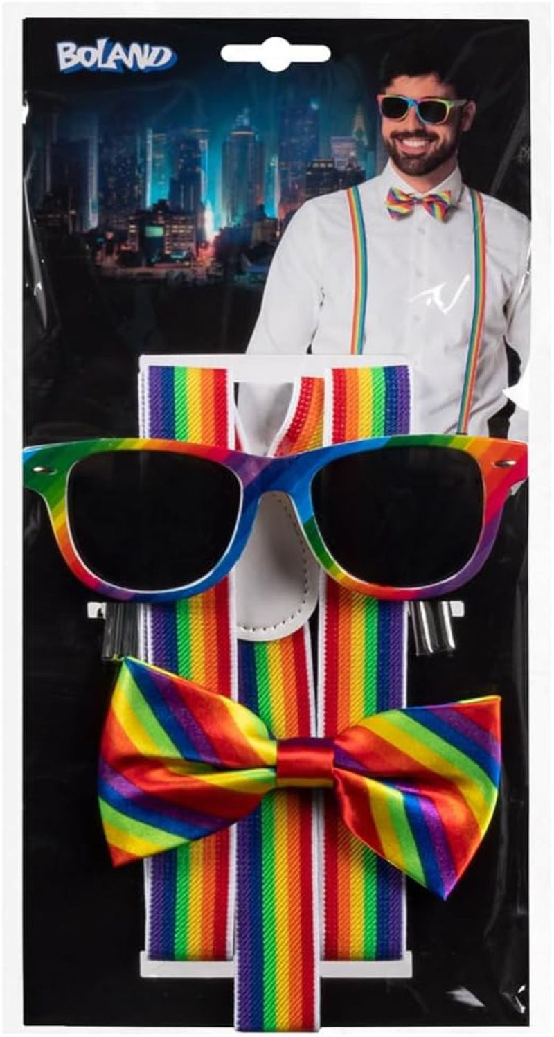 Partyset Hosenträger, Brille und Fliege | Regenbogen