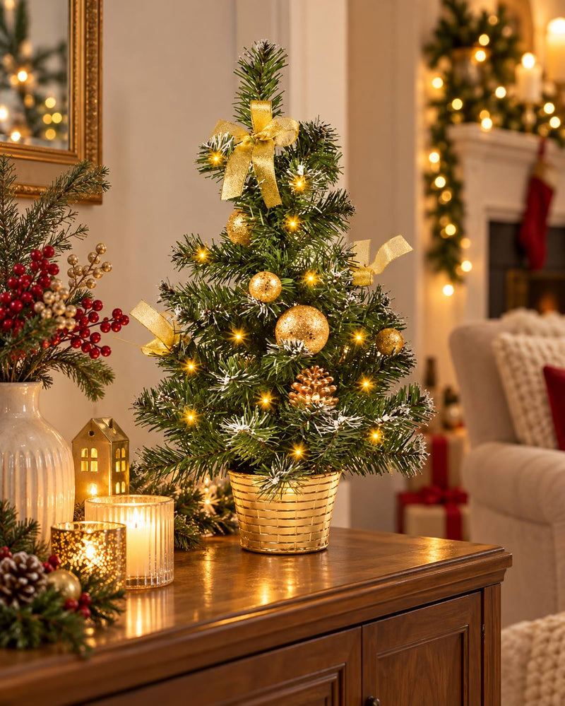 Geschmückter Weihnachtsbaum mit 20er LED Lichterkette - 50cm | 20257 - Gold