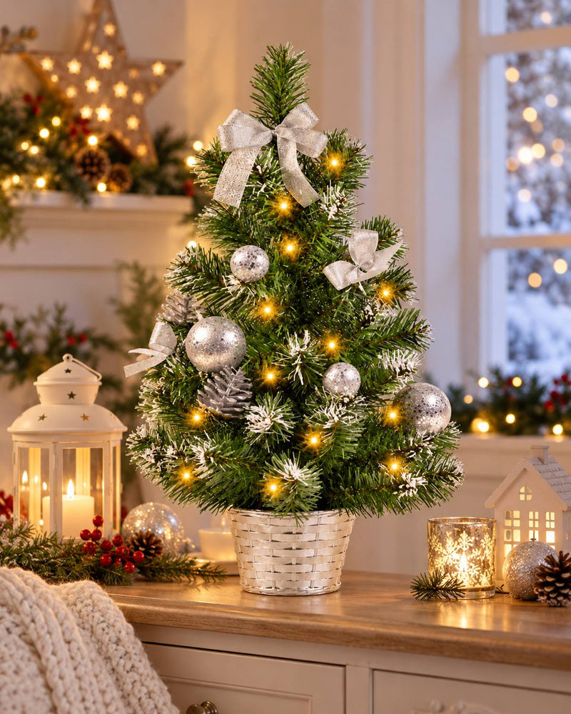 Geschmückter Weihnachtsbaum mit 20er LED Lichterkette - 50cm | 20258 - Silber