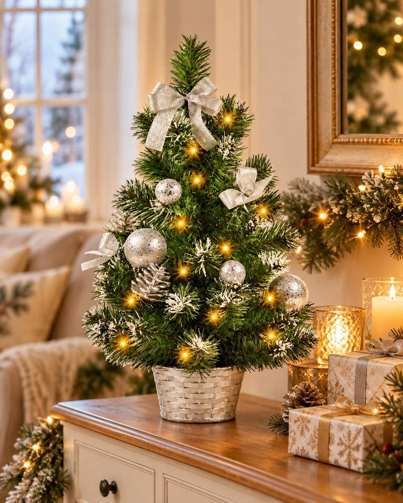 Geschmückter Weihnachtsbaum mit 20er LED Lichterkette - 50cm | 20258 - Silber