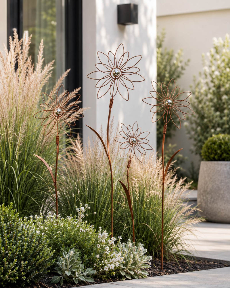 Riffelmacher Blumenstecker mit Silber-Kugel | 90 cm hoch | Metall rostfarben | Gartendeko Pflanzstecker modern elegant | 08014