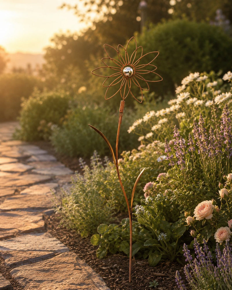 Riffelmacher Blumenstecker mit Silber-Kugel | 90 cm hoch | Metall rostfarben | Gartendeko Pflanzstecker modern elegant | 08014