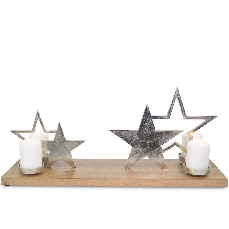 XL Holz Adventskerzenhalter mit Sternen - Silber 68x20x30 cm | 24614 - Adventskranz