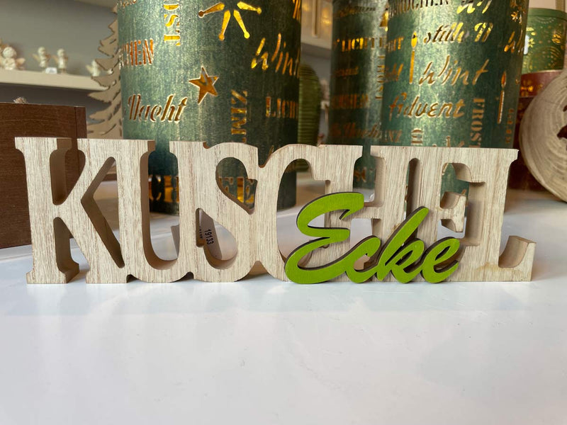 Deko Schriftzug "KuschelEcke" 29 x 8 cm Natur Grün | 19133 - Holz Dekoration