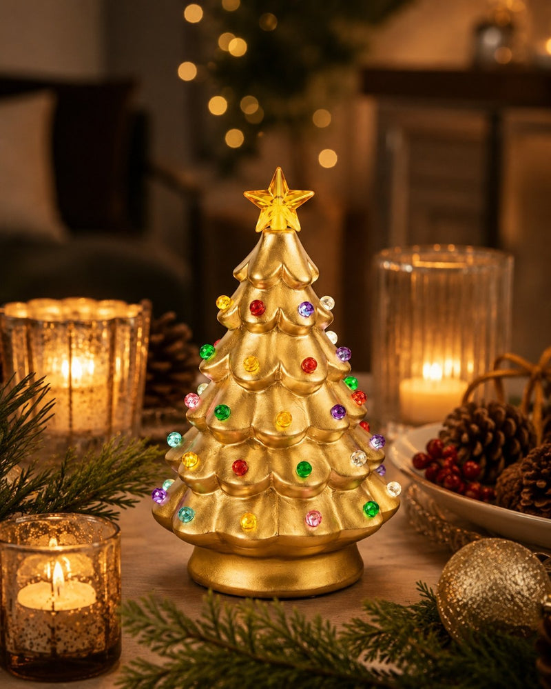 Deko-Weihnachtsbaum mit LED | Gold | Keramik mit Sternspitze | 11,5×18 cm | 12297