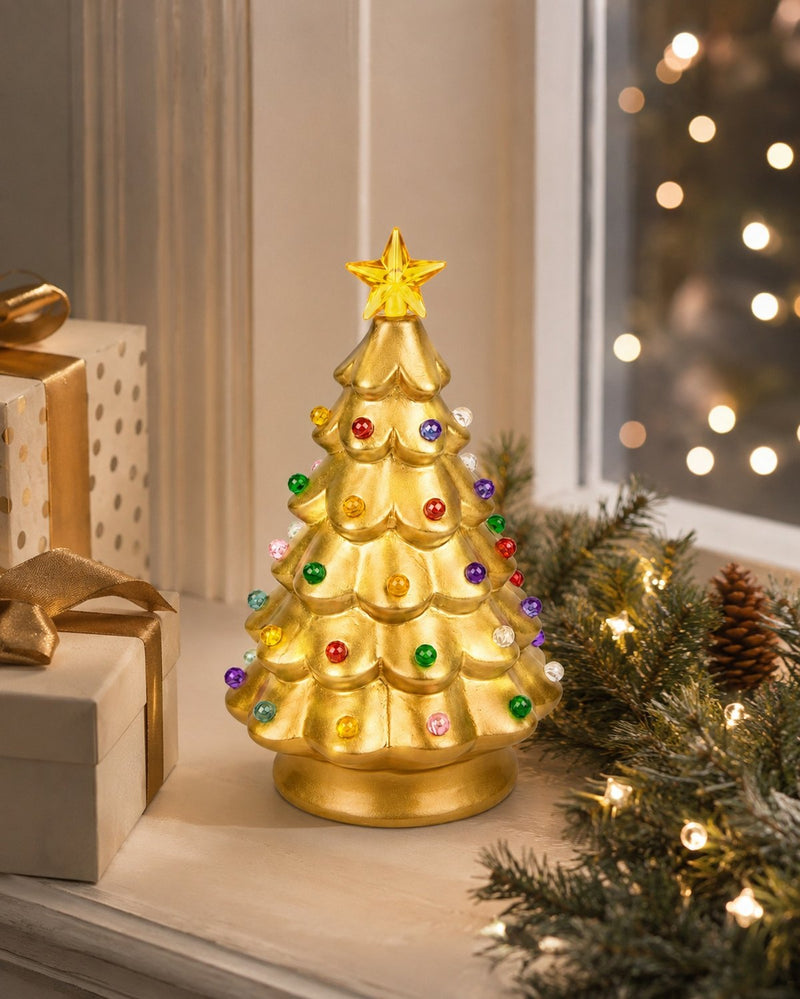 Deko-Weihnachtsbaum mit LED | Gold | Keramik mit Sternspitze | 11,5×18 cm | 12297
