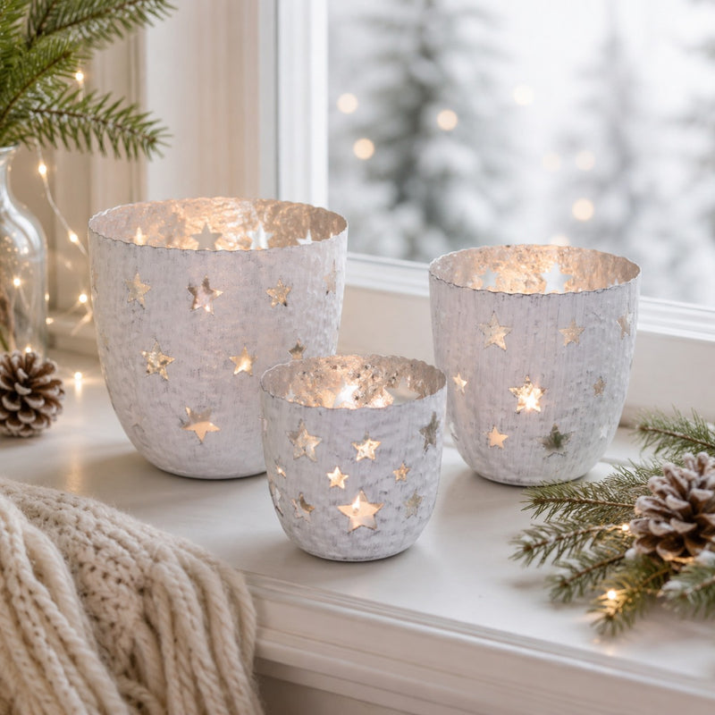 Windlichter 3er Set | Sterne Weiß Silber | Metall 12/10/8 cm | Weihnachten | 19191