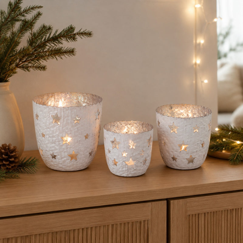 Windlichter 3er Set | Sterne Weiß Silber | Metall 12/10/8 cm | Weihnachten | 19191