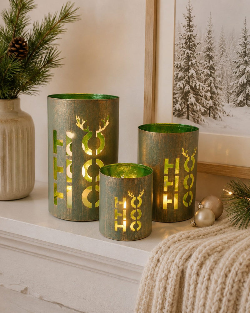 Laternen 3er Set "HoHoHo" | Grün | Metall | Verschiedene Größen bis 20×12,5 cm | 13435