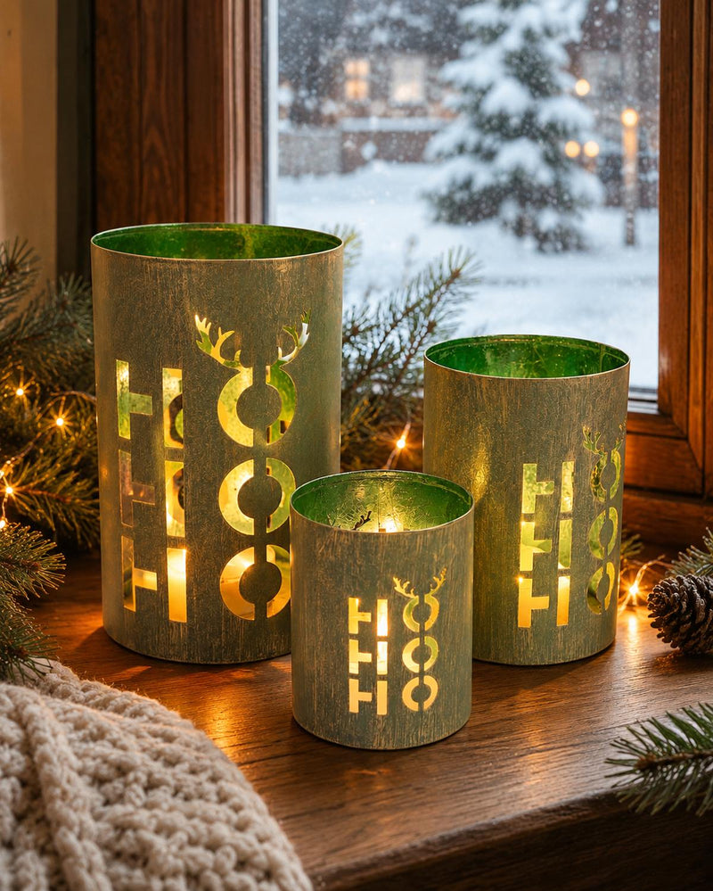 Laternen 3er Set "HoHoHo" | Grün | Metall | Verschiedene Größen bis 20×12,5 cm | 13435