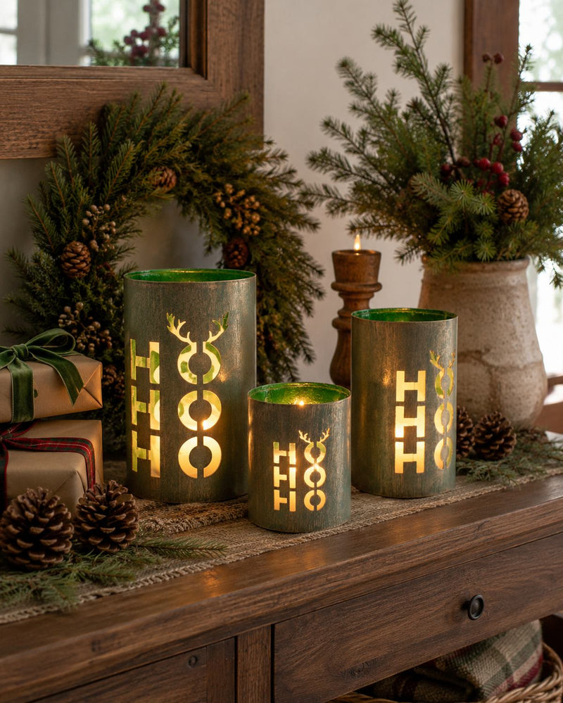Laternen 3er Set "HoHoHo" | Grün | Metall | Verschiedene Größen bis 20×12,5 cm | 13435