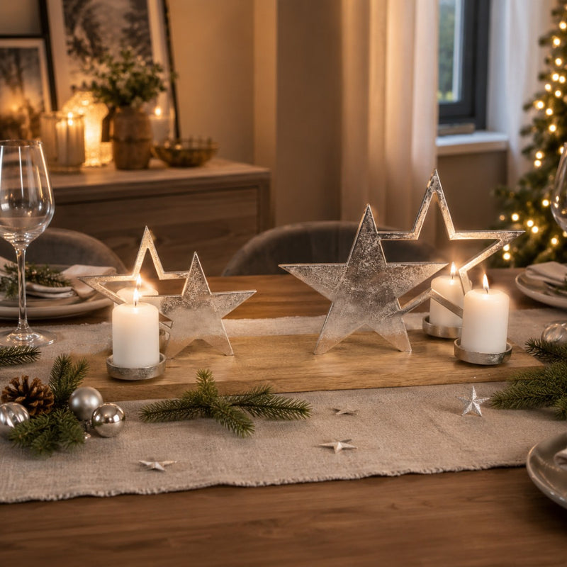 XL Holz Adventskerzenhalter mit Sternen - Silber 68x20x30 cm | 24614 - Adventskranz