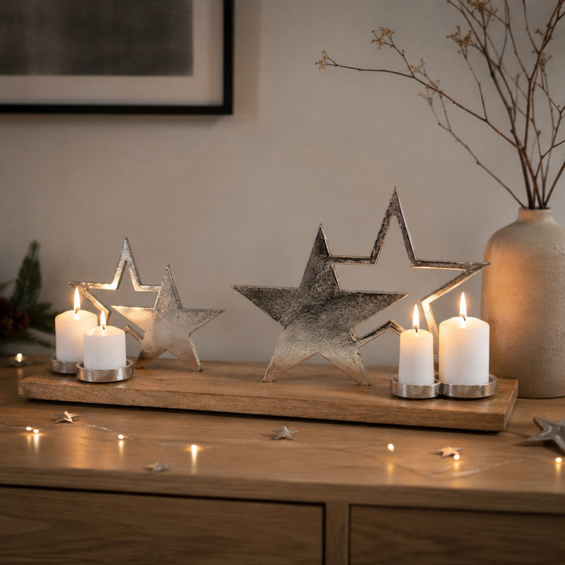 XL Holz Adventskerzenhalter mit Sternen - Silber 68x20x30 cm | 24614 - Adventskranz