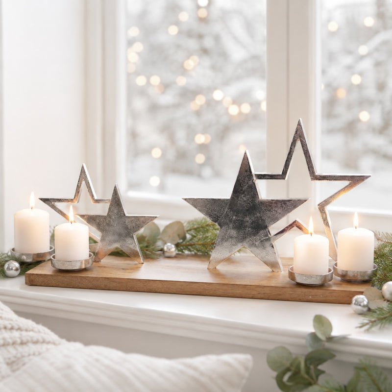 XL Holz Adventskerzenhalter mit Sternen - Silber 68x20x30 cm | 24614 - Adventskranz