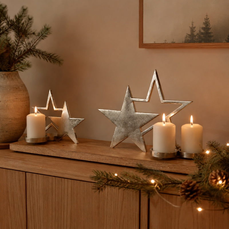 XL Holz Adventskerzenhalter mit Sternen - Silber 68x20x30 cm | 24614 - Adventskranz