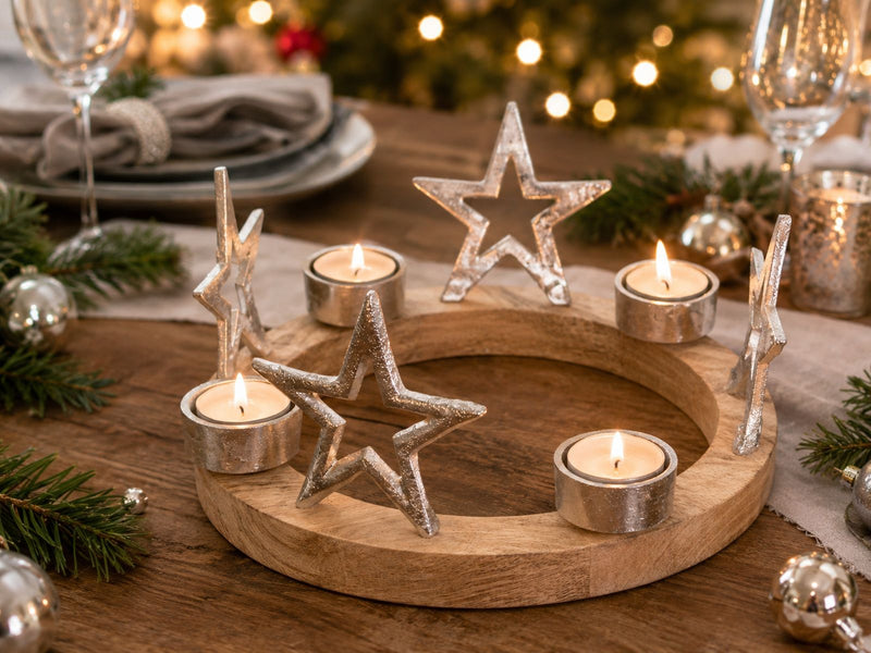 Holz Adventskranz mit Sternen für Teelichter Ø 25 cm | 75219 - Silber Kerzenhalter