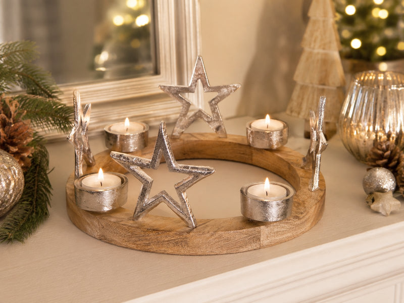 Holz Adventskranz mit Sternen für Teelichter Ø 25 cm | 75219 - Silber Kerzenhalter