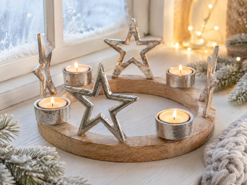 Holz Adventskranz mit Sternen für Teelichter Ø 25 cm | 75219 - Silber Kerzenhalter