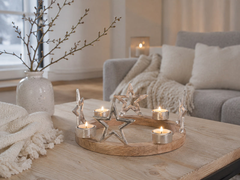 Holz Adventskranz mit Sternen für Teelichter Ø 25 cm | 75219 - Silber Kerzenhalter
