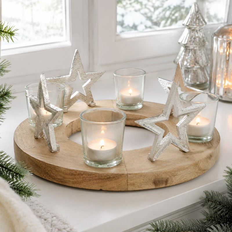Adventskerzenhalter mit Sternen und Teelichtgläsern Ø 30 cm - Silber 70337 | Adventskranz