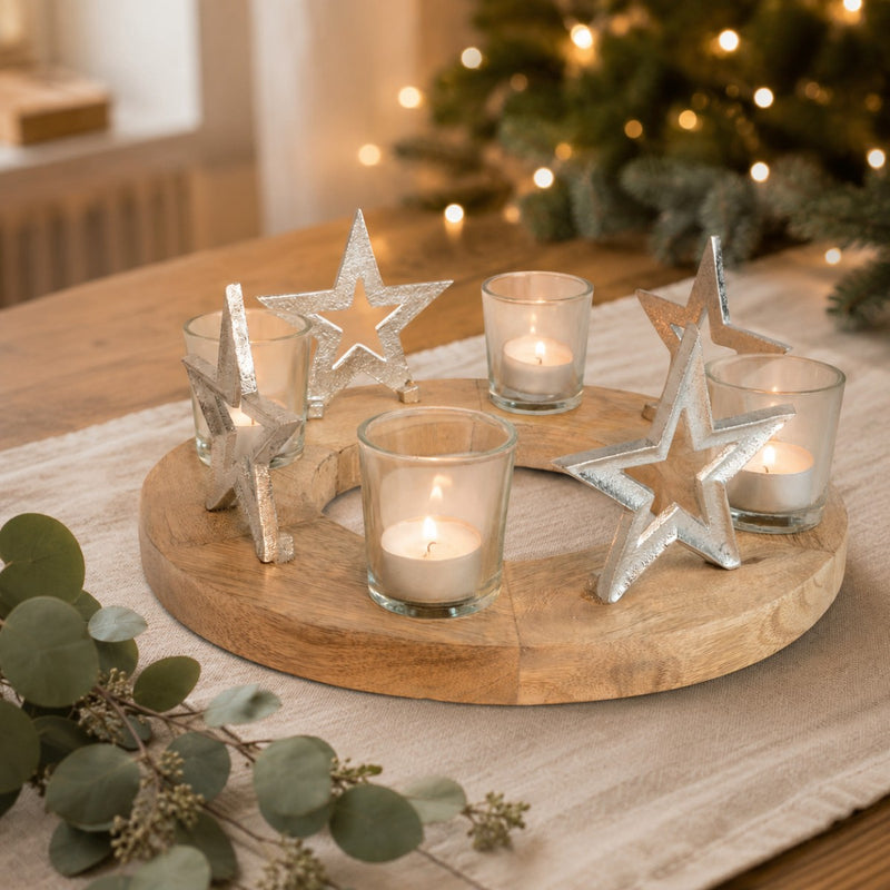 Adventskerzenhalter mit Sternen und Teelichtgläsern Ø 30 cm - Silber 70337 | Adventskranz