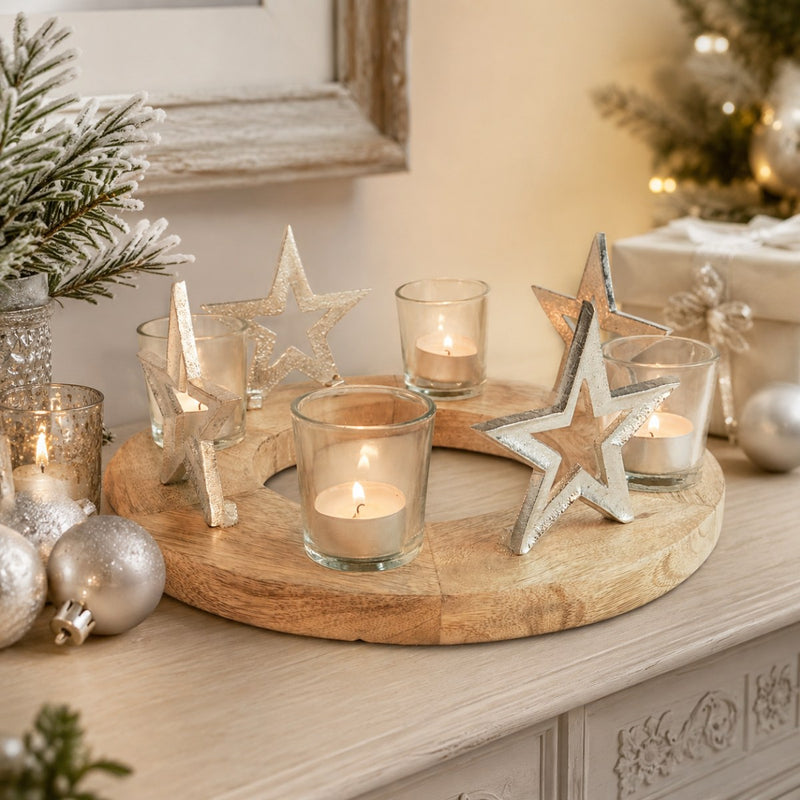 Adventskerzenhalter mit Sternen und Teelichtgläsern Ø 30 cm - Silber 70337 | Adventskranz