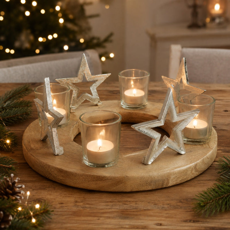 Adventskerzenhalter mit Sternen und Teelichtgläsern Ø 30 cm - Silber 70337 | Adventskranz