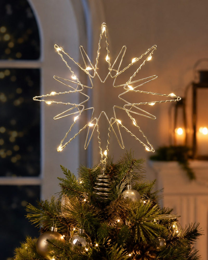 Riffelmacher Baumspitze Doppelstern mit LED Beleuchtung 17758 | Silber 20 x 26 cm