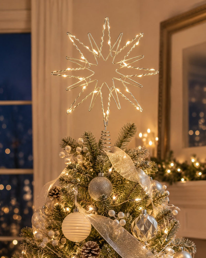 Riffelmacher Baumspitze Doppelstern mit LED Beleuchtung 17758 | Silber 20 x 26 cm