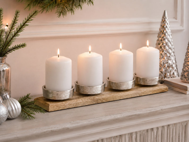 Adventsleuchter | 4 Kerzenhalter | Alu & Holz Silber | 38,5 x 7,5 x 4 cm | 11746