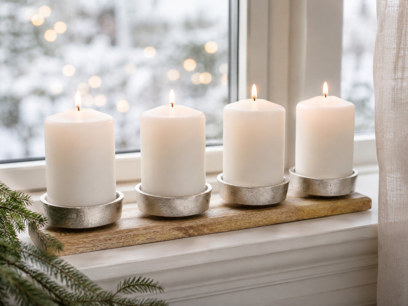 Adventsleuchter | 4 Kerzenhalter | Alu & Holz Silber | 38,5 x 7,5 x 4 cm | 11746