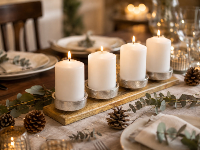 Adventsleuchter | 4 Kerzenhalter | Alu & Holz Silber | 38,5 x 7,5 x 4 cm | 11746