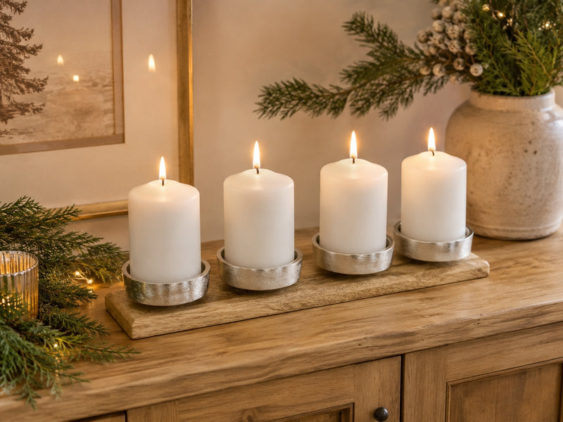 Adventsleuchter | 4 Kerzenhalter | Alu & Holz Silber | 38,5 x 7,5 x 4 cm | 11746