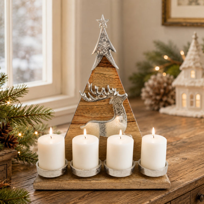 Riffelmacher Kerzenleuchter Weihnachtsbaum mit Hirsch 31 x 37cm 70326 | Natur / Silber