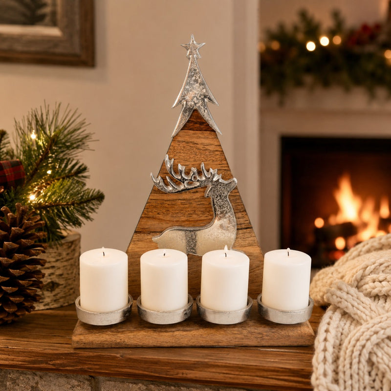 Riffelmacher Kerzenleuchter Weihnachtsbaum mit Hirsch 31 x 37cm 70326 | Natur / Silber