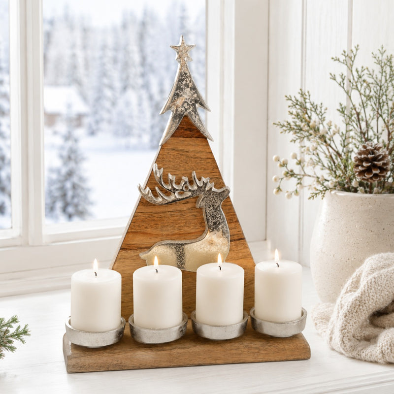 Riffelmacher Kerzenleuchter Weihnachtsbaum mit Hirsch 31 x 37cm 70326 | Natur / Silber